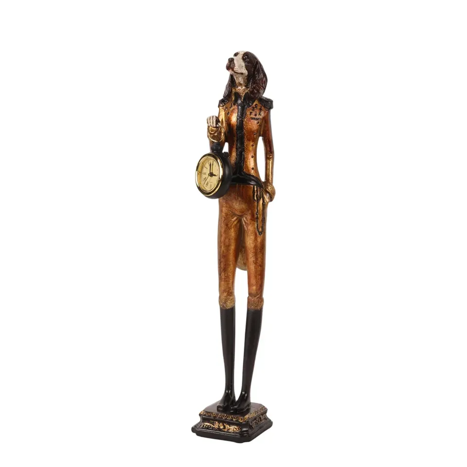 Stehender Hund mit Uhr Polyresin Gold 50 cm Stehender Hund mit Uhr, Hund Skulptur Gentleman, Polyresin, gold, 50x9x10cm im historischen Uniform-Stil.