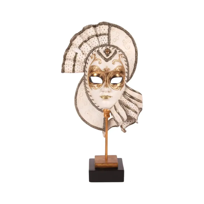 Venezianische Maskenfigur auf Sockel Polyresin Weiss/Gold 37 cm Maskenfigur auf Sockel, Venezianische Maske Skulptur, Polyresin, weiss/gold, 37x20x9cm im eleganten Barock-Stil.