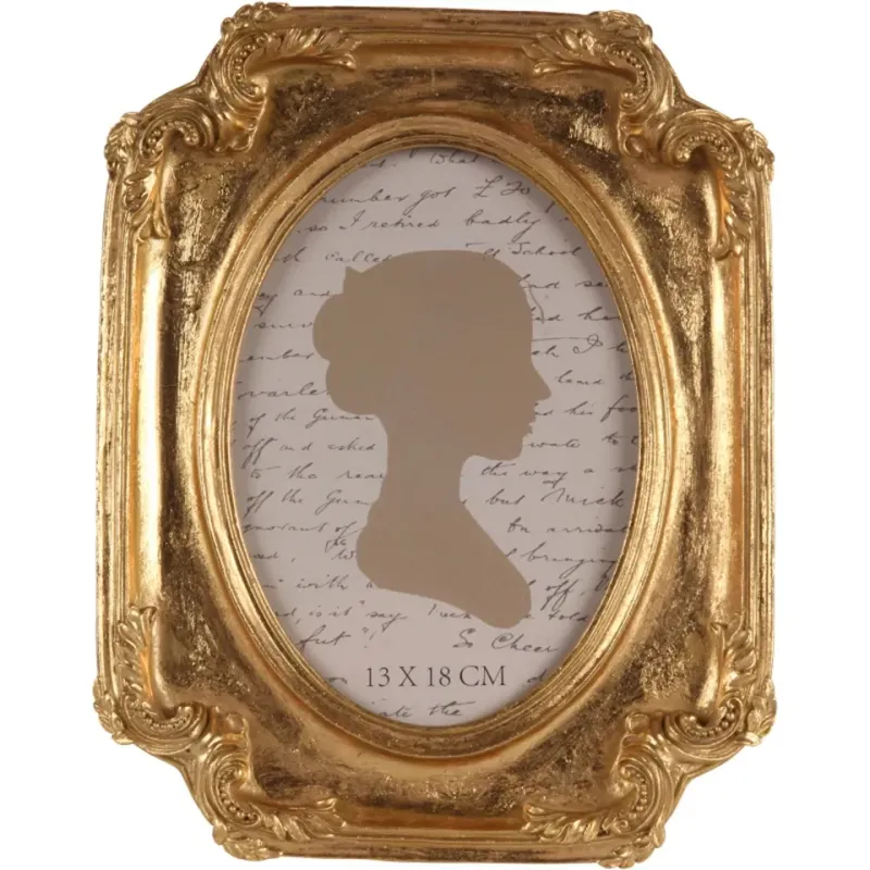 Bilderrahmen Gold 13 x 18 cm aus Polyresin Porträt Goldener Bilderrahmen aus Polyresin für Fotos im Format 13 x 18 cm, Porträtformat mit ovaler Bildöffnung und Barockornamenten