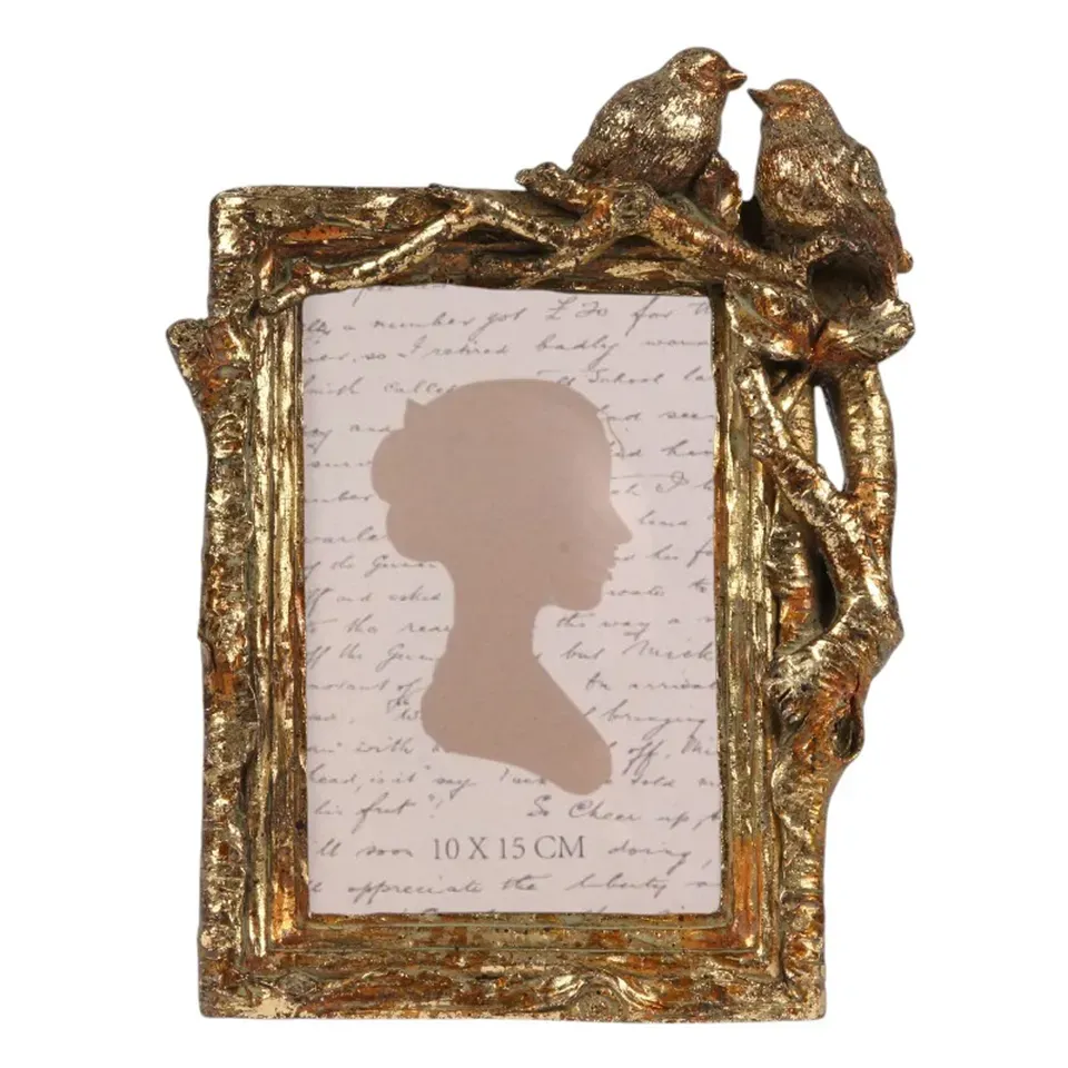 Goldener antiker Bilderrahmen aus Polyresin für Fotos im Format 15 x 10 cm, mit zwei Vögeln und Glas, 22 x 17 x 3,5 cm