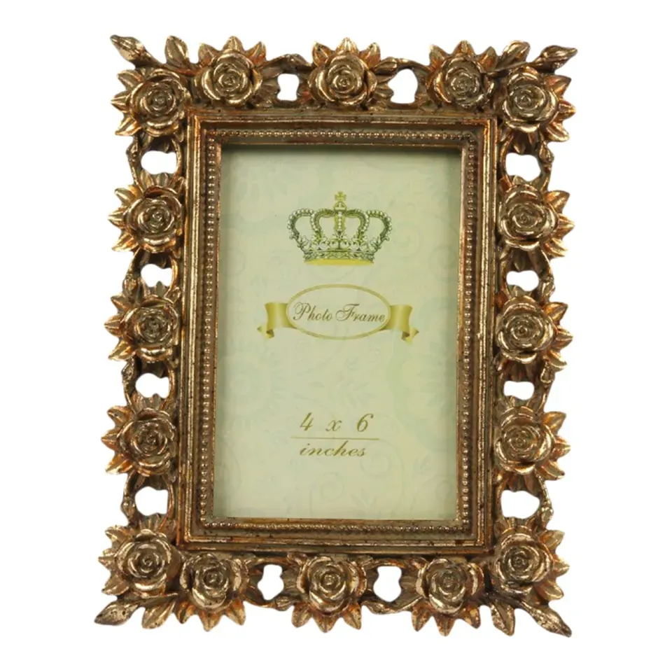 Goldener antiker Bilderrahmen aus Polyresin für Fotos im Format 15 x 10 cm, mit Blumenmuster und Glas, 22,5 x 18 x 2 cm