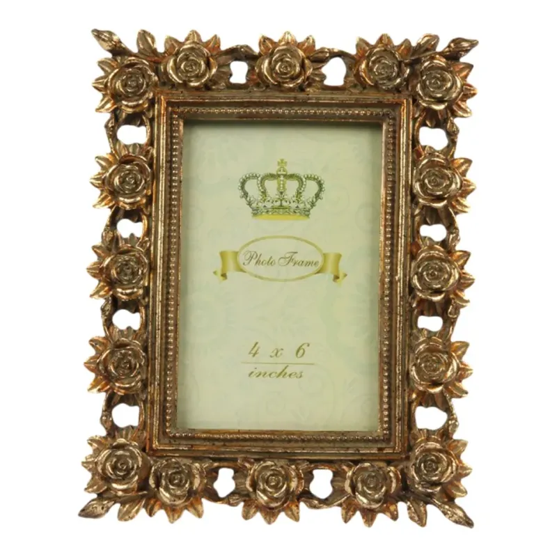 Bilderrahmen Gold 15 x 10 cm mit Blumenmuster Goldener antiker Bilderrahmen aus Polyresin für Fotos im Format 15 x 10 cm, mit Blumenmuster und Glas, 22,5 x 18 x 2 cm