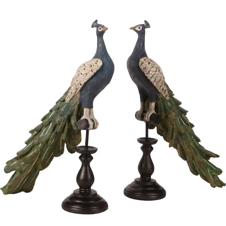 2er Set Pfauenfiguren auf Sockeln, dekorative Vögel aus Polyresin, mehrfarbig, 41x26x11cm