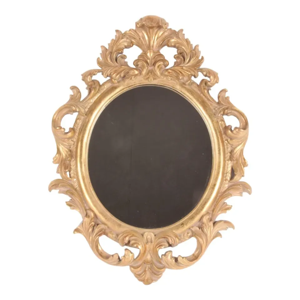 Wandspiegel Barock Polyresin Gold 56 cm Goldener Wandspiegel aus Polyresin, ovaler Barock Spiegel mit dekorativem Rahmen, 56x41,5x6cm