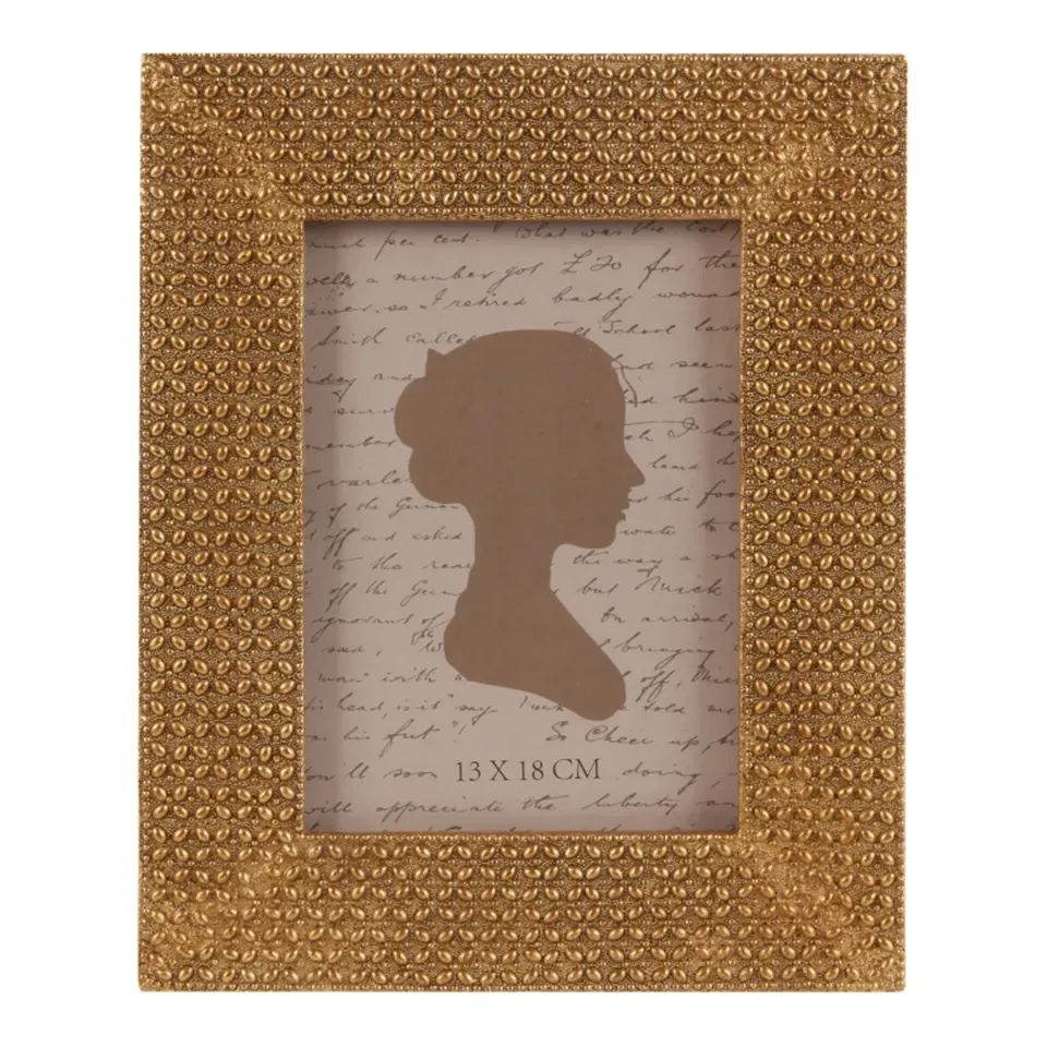 Bilderrahmen Gold 13 x 18 cm aus Polyresin mit dekorativer Struktur Goldener Bilderrahmen aus Polyresin für Fotos im Format 13 x 18 cm, mit dekorativer Struktur und Glas, 26 x 21 x 1 cm