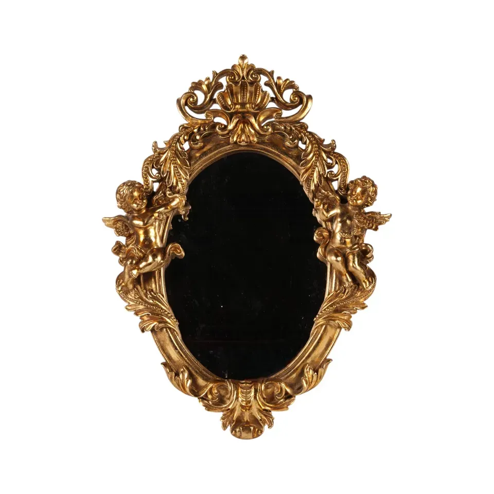 Goldener Engelspiegel aus Polyresin mit Engelfiguren und ornamentalem Rahmen, 37x49x6,5 cm