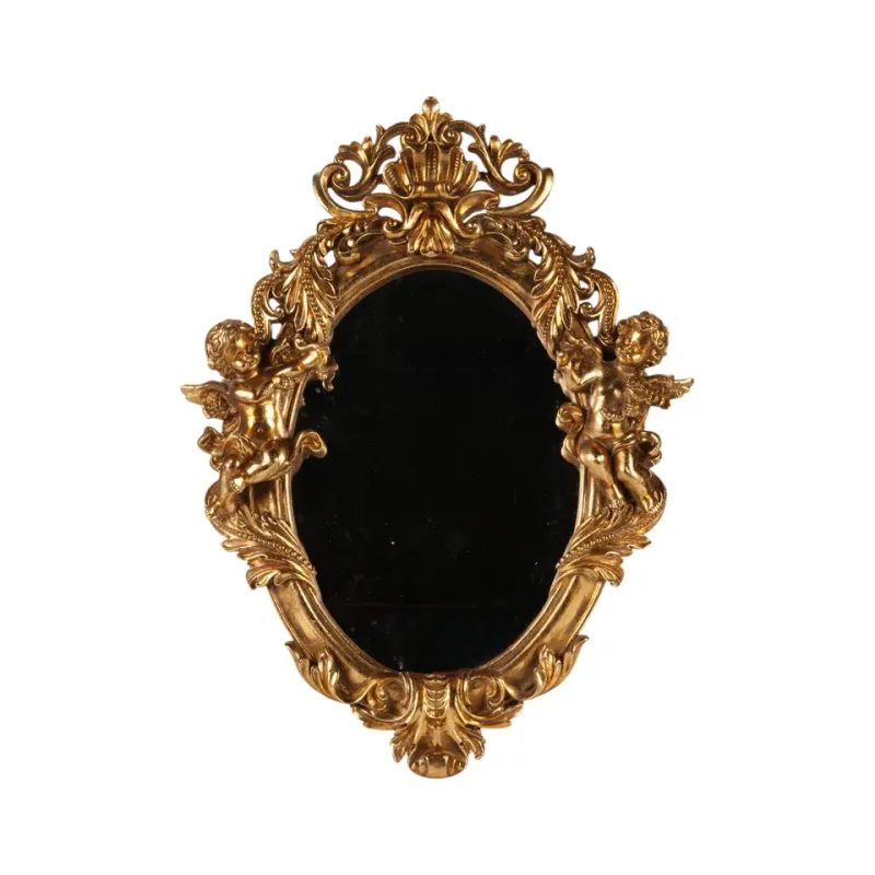 Engelspiegel aus Polyresin Gold 37 cm Goldener Engelspiegel aus Polyresin mit Engelfiguren und ornamentalem Rahmen, 37x49x6,5 cm