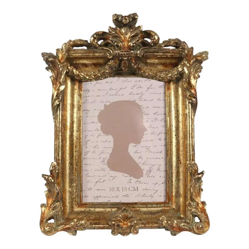 Bilderrahmen Gold 15 x 10 cm aus Polyresin Goldener antiker Bilderrahmen aus Polyresin für Fotos im Format 15 x 10 cm, mit floralen Ornamenten und Glas, 25 x 18 x 3 cm