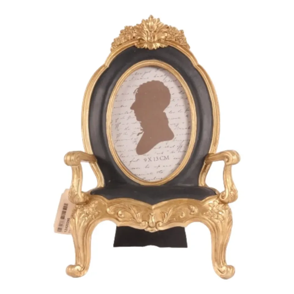 Stuhl Fotorahmen Schwarz 9 x 13 cm im Barockstil Schwarzer Stuhl-Fotorahmen aus Polyresin für Fotos im Format 9 x 13 cm, stehend mit goldfarbenen Barockverzierungen, 27 x 16