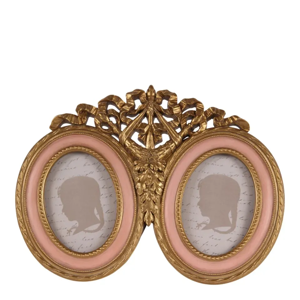 Collage-Fotorahmen Rosa 16 cm im Barockstil Rosa Collage-Fotorahmen aus Polyresin mit zwei ovalen Bildausschnitten und goldenen Barockornamenten, 16 x 21 cm