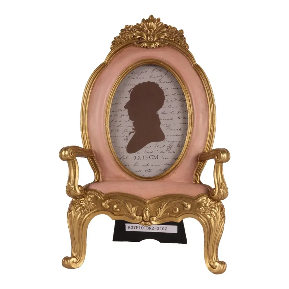 Stuhl Fotorahmen Rosa 9 x 13 cm im Barockstil Rosa Stuhl Fotorahmen aus Polyresin für Fotos im Format 9 x 13 cm, stehend mit goldfarbenen Barockverzierungen, 27 x 16 x 4