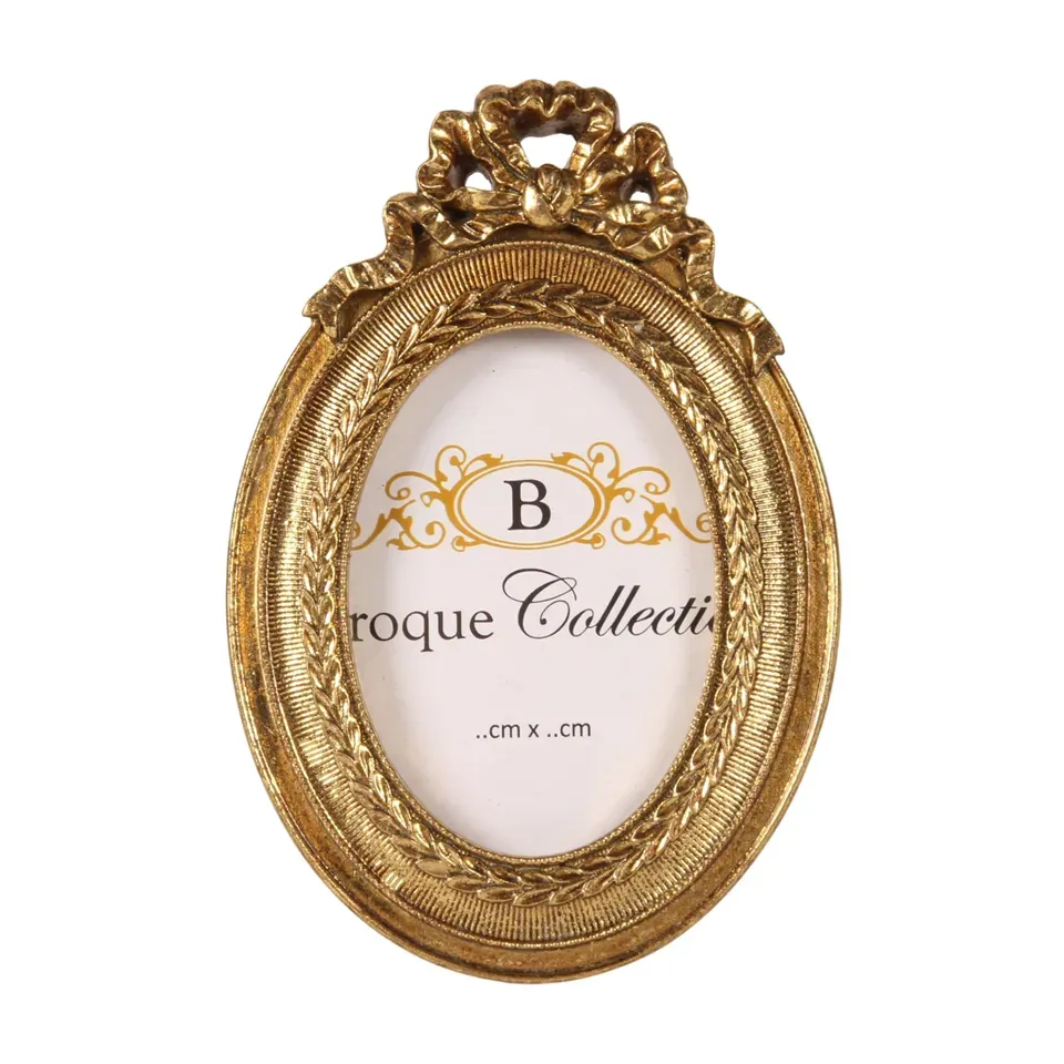 Ovaler Bilderrahmen aus Kunstharz in Gold für Fotos 6 x 9 cm mit barocker Schleifenverzierung