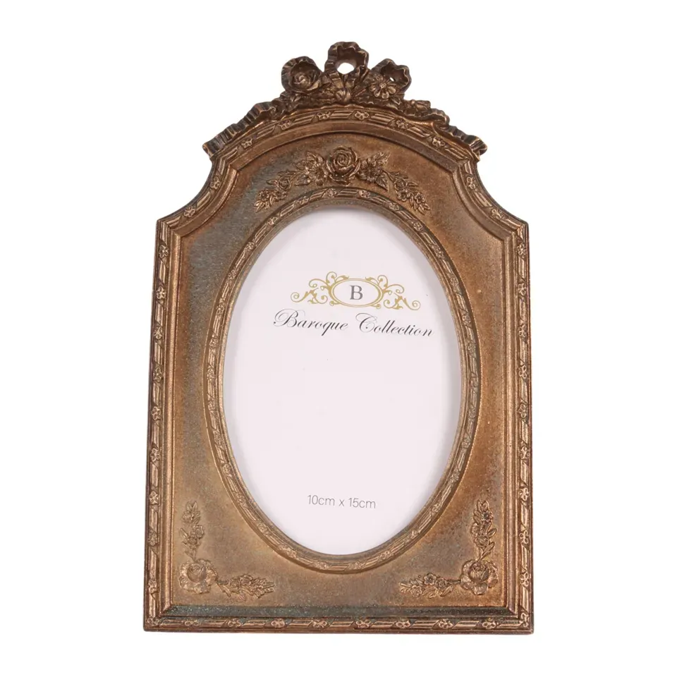 Goldener Bilderrahmen aus Kunstharz für Fotos 10 x 15 cm mit Rosen und barocker Schleifenverzierung