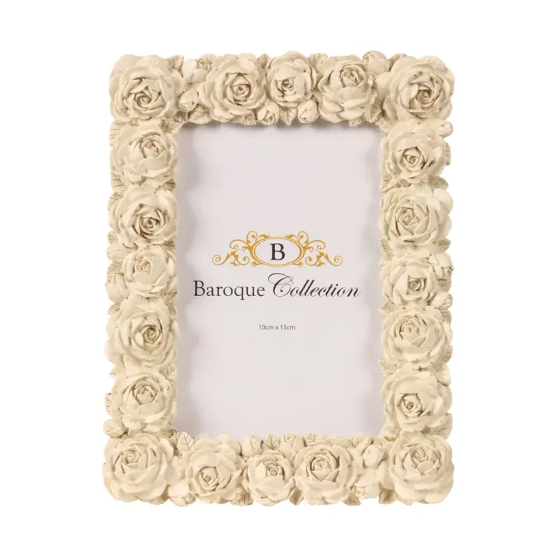 Bilderrahmen Creme 10 x 15 cm aus Kunstharz mit Rosen Cremefarbener Bilderrahmen aus Kunstharz für Fotos 10 x 15 cm mit detailreichen Rosenornamenten