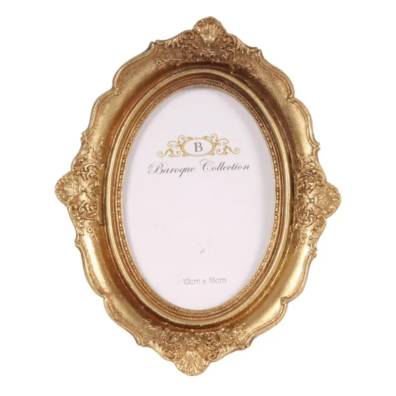 Ovaler Bilderrahmen Gold 10 x 15 cm aus Kunstharz mit Ornamenten Goldener ovaler Bilderrahmen aus Kunstharz für Fotos 10 x 15 cm mit barocken Ornamenten