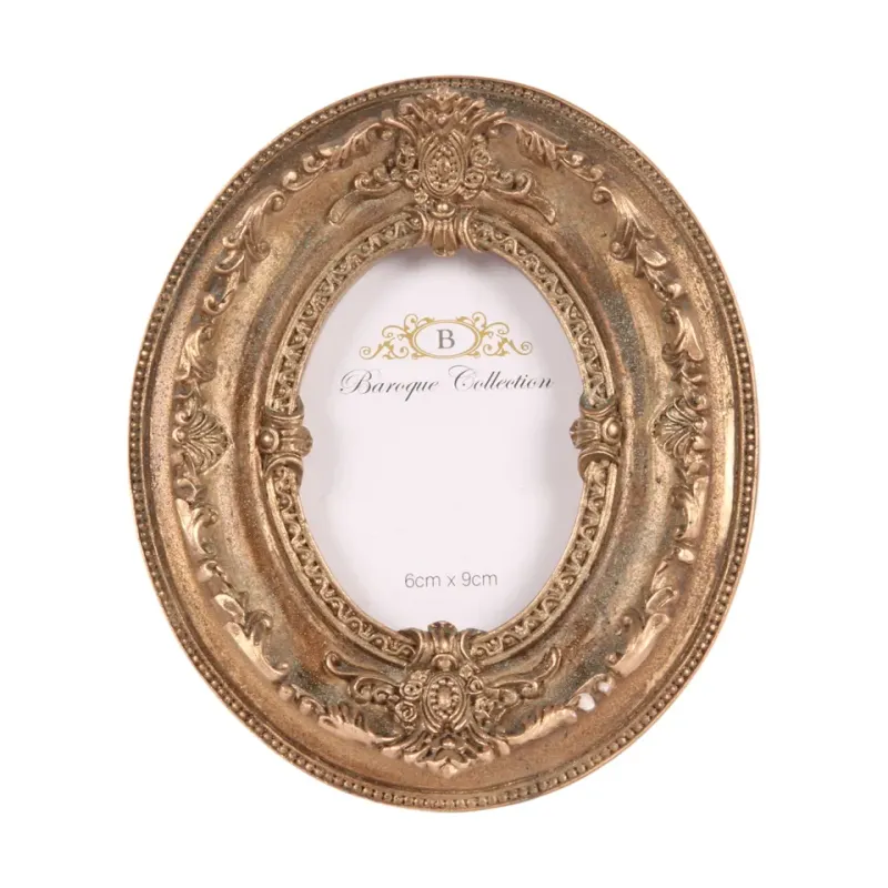Ovaler Bilderrahmen Gold 6 x 9 cm aus Kunstharz mit Ornamenten Goldfarbener ovaler Bilderrahmen aus Kunstharz für Fotos 6 x 9 cm mit barocken Ornamenten