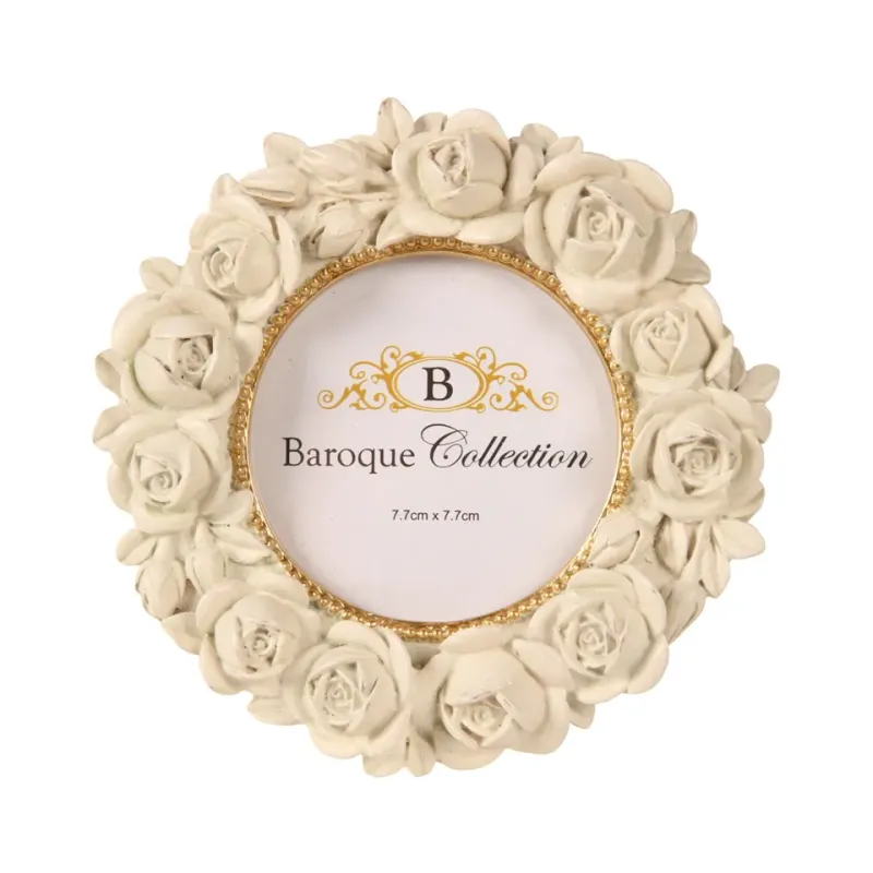 Runder Bilderrahmen Creme 7,7 x 7,7 cm aus Kunstharz mit Rosen Cremefarbener runder Bilderrahmen aus Kunstharz für Fotos 7,7 x 7,7 cm mit Rosen und goldener Perlenbordüre