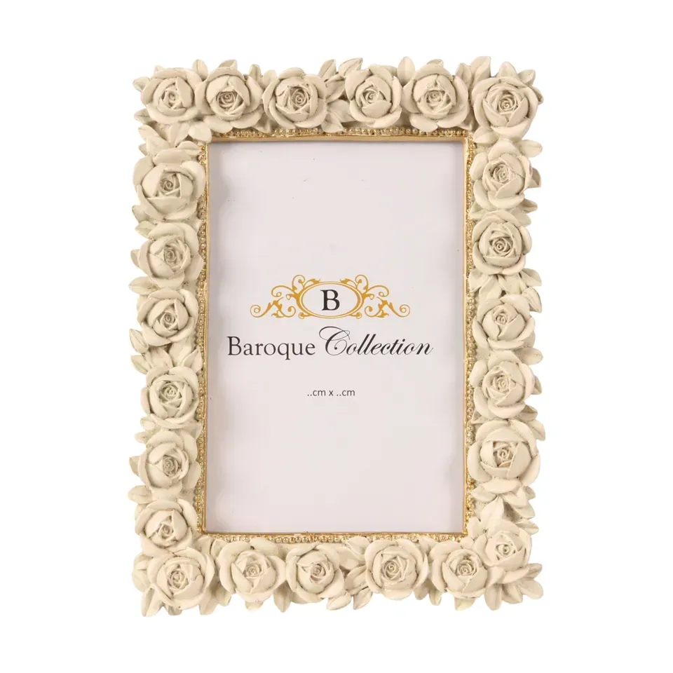 Cremefarbener Bilderrahmen aus Kunstharz für Fotos 10 x 15 cm mit Rosen und goldener Perlenbordüre