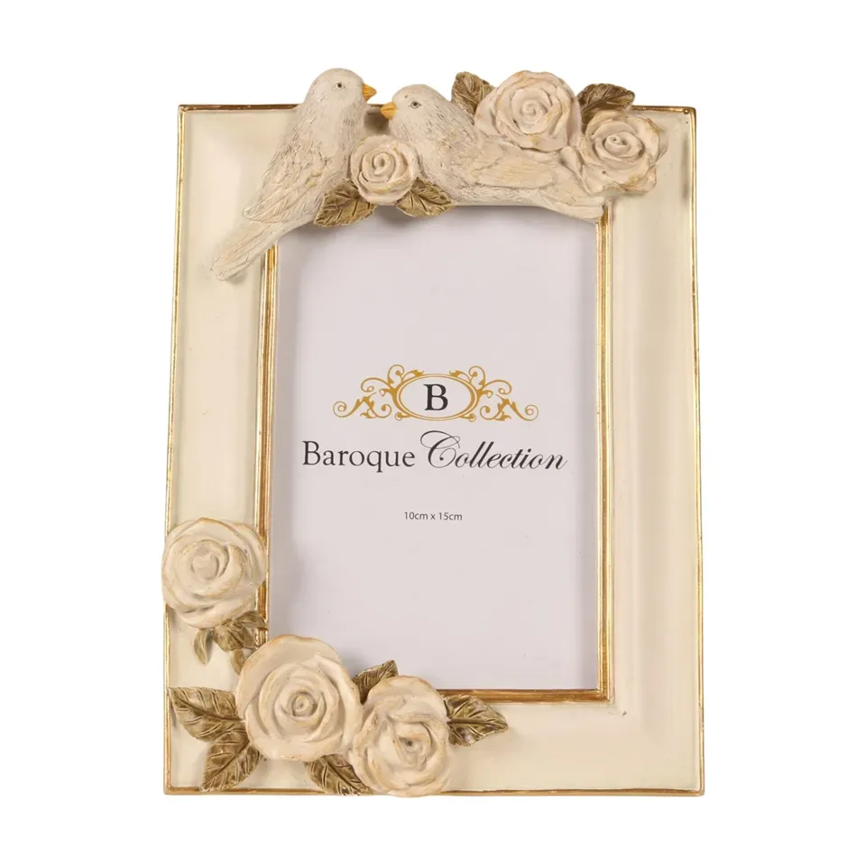 Cremefarbener Bilderrahmen aus Kunstharz für Fotos 10 x 15 cm mit Tauben, Rosen und goldenen Blättern