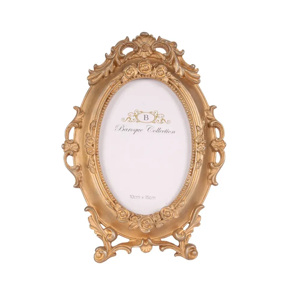 Goldener ovaler Bilderrahmen aus Kunstharz für Fotos 10 x 15 cm mit Rosen und barocken Ornamenten