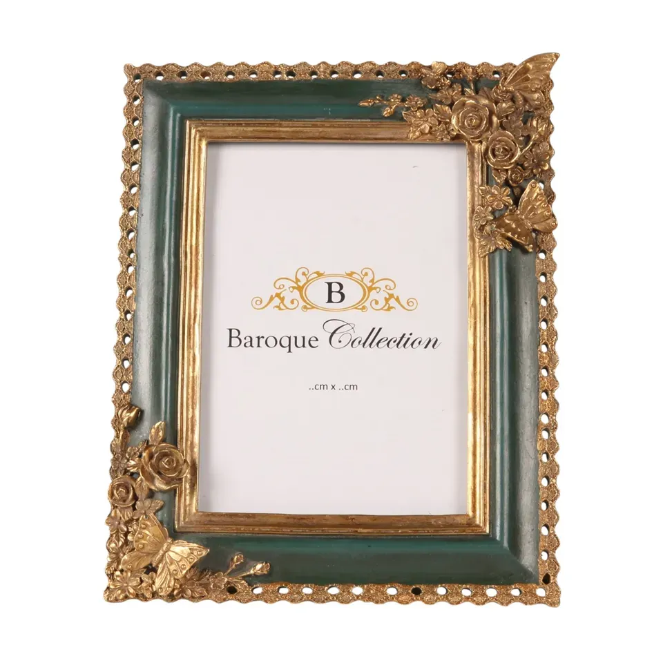 Grüner Bilderrahmen aus Kunstharz für Fotos 13 x 18 cm mit goldfarbenen Rosen und Schmetterlingen