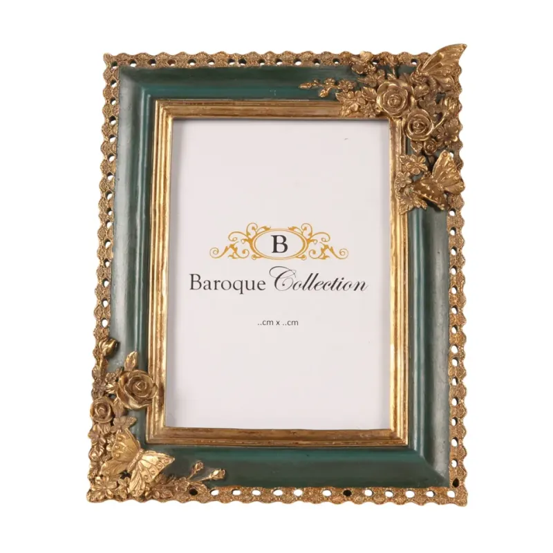 Bilderrahmen Grün 13 x 18 cm aus Kunstharz mit goldfarbenen Rosen und Schmetterlingen Grüner Bilderrahmen aus Kunstharz für Fotos 13 x 18 cm mit goldfarbenen Rosen und Schmetterlingen