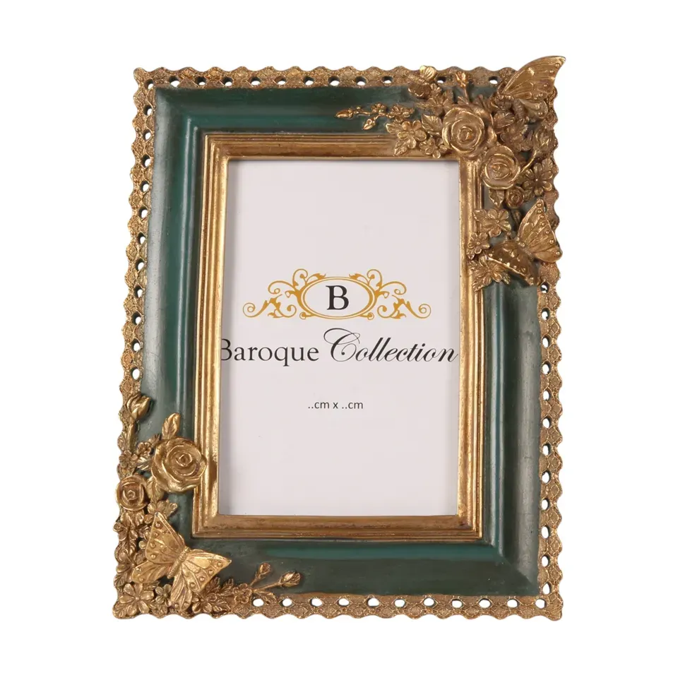 Grüner Bilderrahmen aus Kunstharz für Fotos 10 x 15 cm mit goldfarbenen Rosen und Schmetterlingen