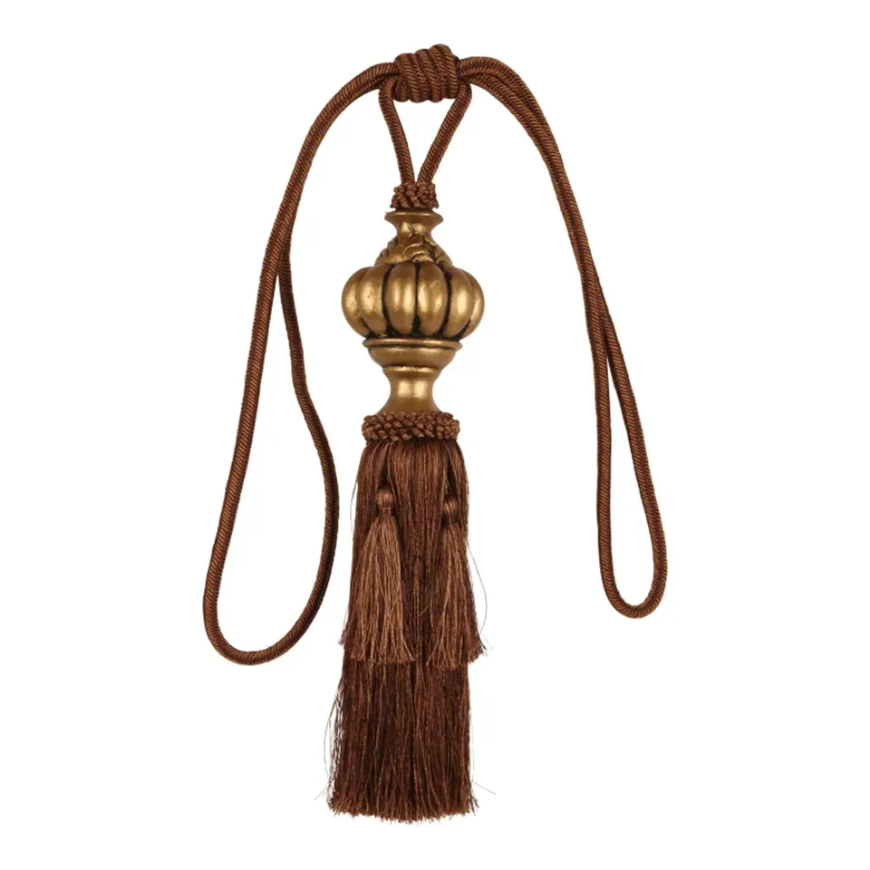 Braune handgeknüpfte Quaste 45 cm mit goldfarbener Kappe
