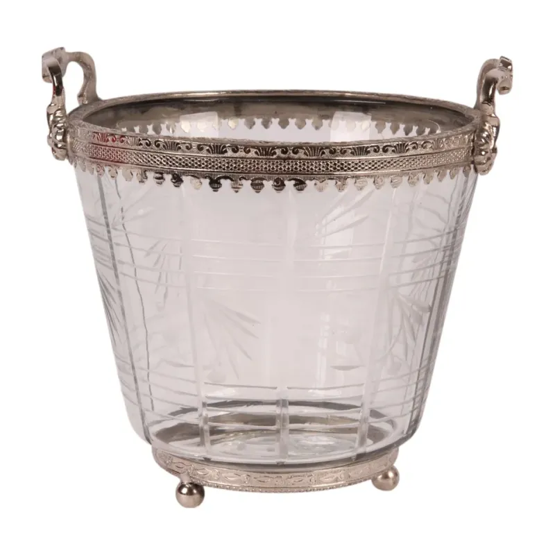 Teelichthalter 13 cm Silber aus Messing und Glas Silberner Teelichthalter aus Messing und handbemaltem Glas mit feinen Kanten und dekorativen Griffen
