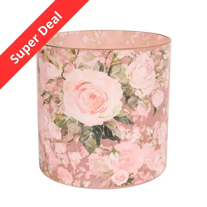 ​Rosa Teelichthalter aus Glas mit detailreichem Blumen-Print und Rosenmuster