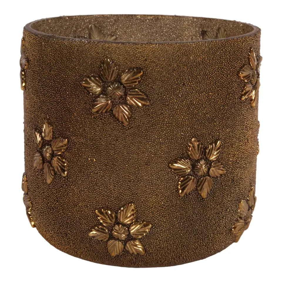 Goldener Teelichthalter aus Glas mit Perlenstruktur und dekorativen Blumen
