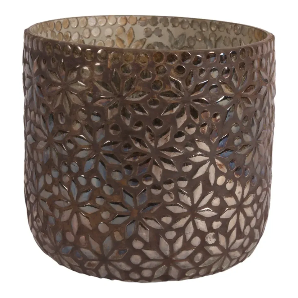 Brauner Teelichthalter aus Glas mit detailreichem Mosaikmuster und Blumen