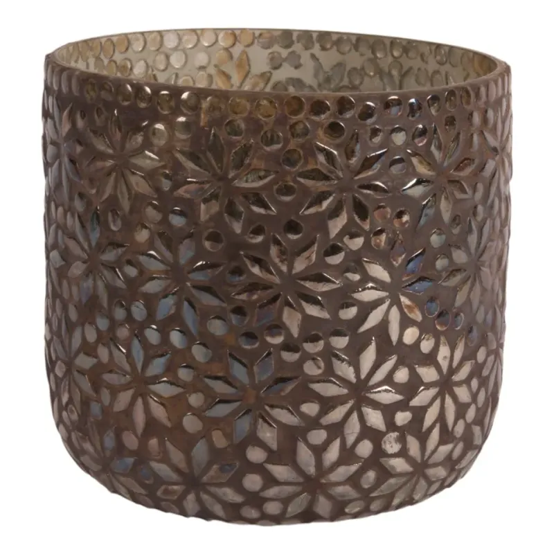 Teelichthalter mit Mosaikblume 17 cm Braun aus Glas Brauner Teelichthalter aus Glas mit detailreichem Mosaikmuster und Blumen