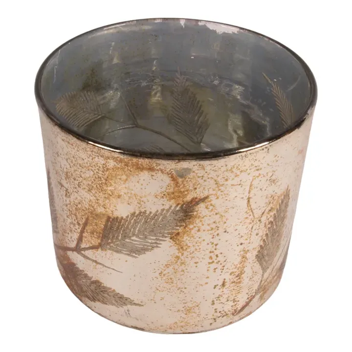 Silberner Teelichthalter aus Glas mit dekorativem Blättermuster