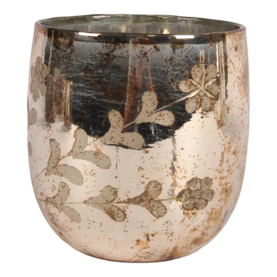 Goldener Teelichthalter Blumen 16 cm aus Glas mit filigranem Blumen- und Blättermuster