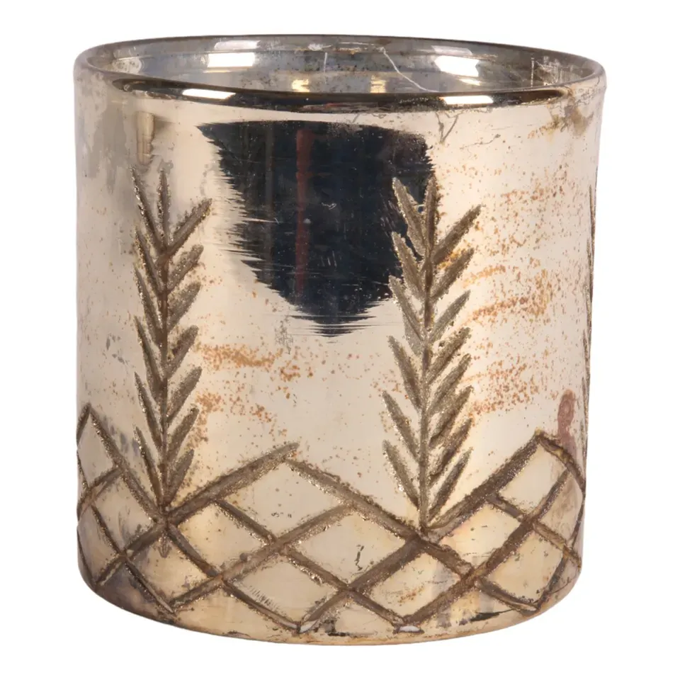 Silberner Teelichthalter 12 cm aus Glas mit Blattmotiv und Rautenmuster
