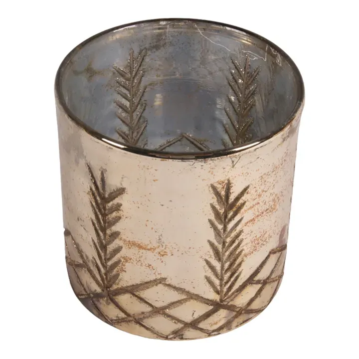 Teelichthalter 12 cm Silber aus Glas mit Blattmotiv