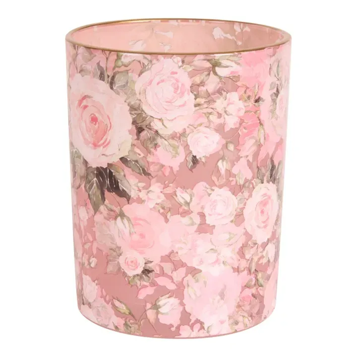 Teelichthalter mit Blumenmuster 12,5 cm Rosa aus Glas Rosa Teelichthalter aus Glas mit detailreichem Blumenmuster und Rosen