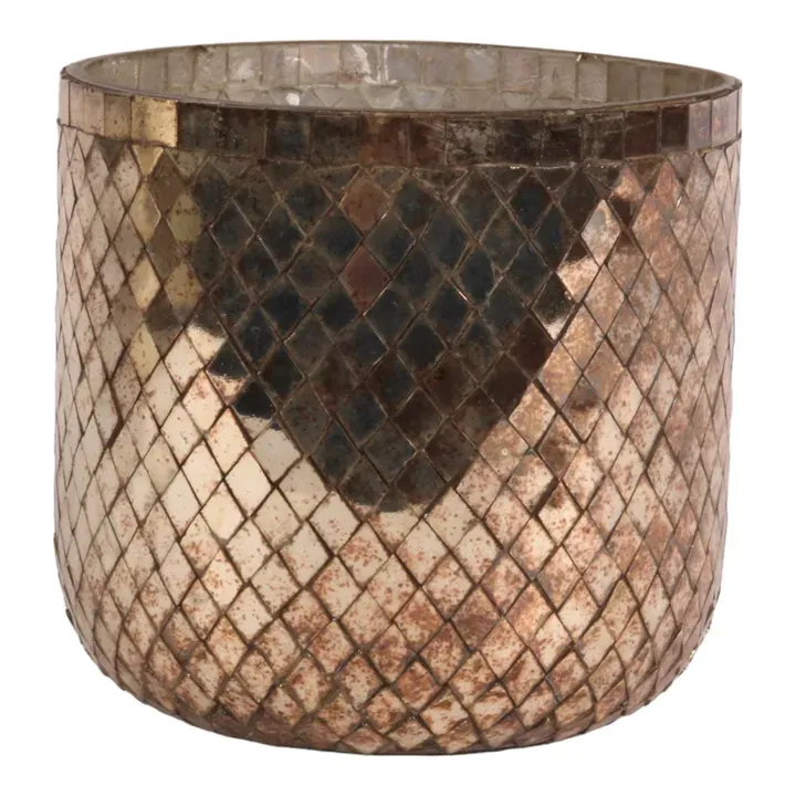 Goldener Teelichthalter aus Glas mit dekorativem Rautenmosaik und zentralem Muster