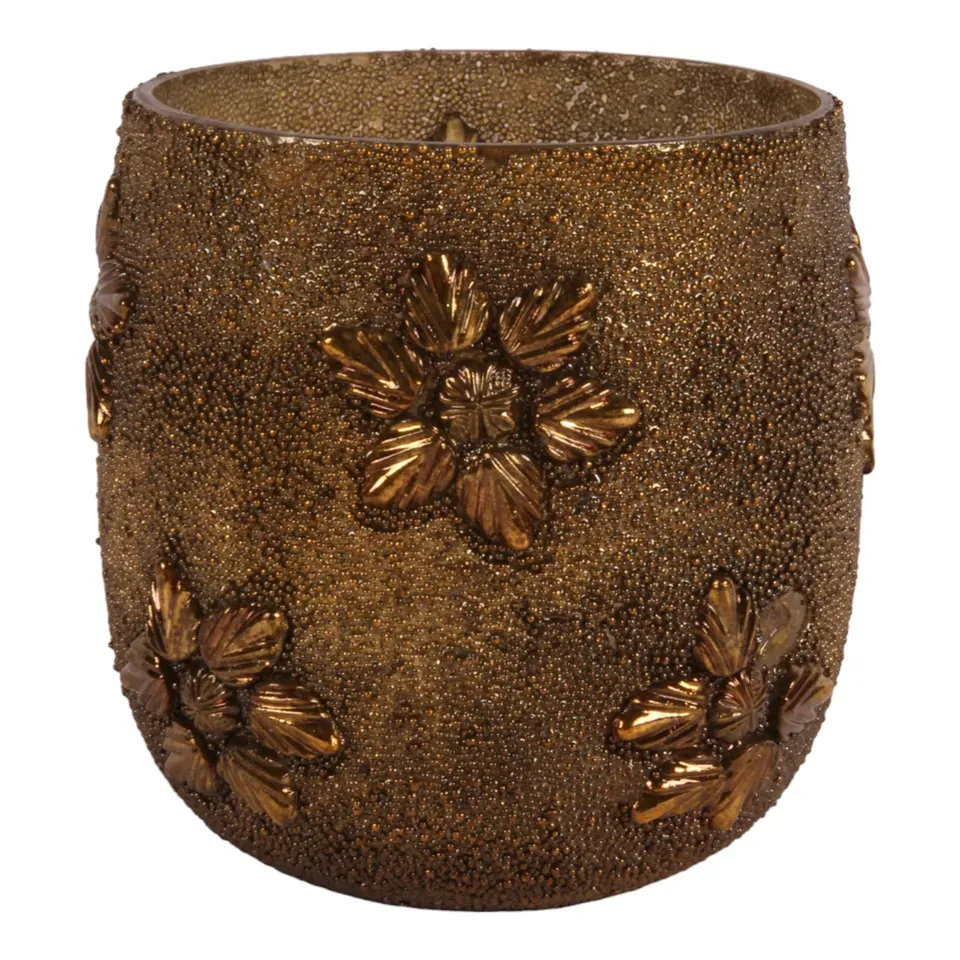 Goldener Teelichthalter aus Glas mit feiner Perlenstruktur und dekorativen Blumen