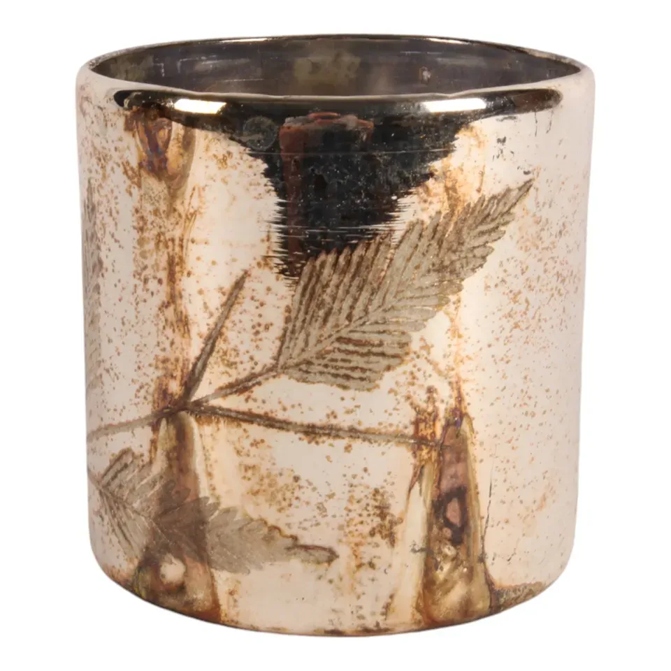 Silberner Teelichthalter Blätter 12 cm aus Glas mit dekorativem Blattmotiv