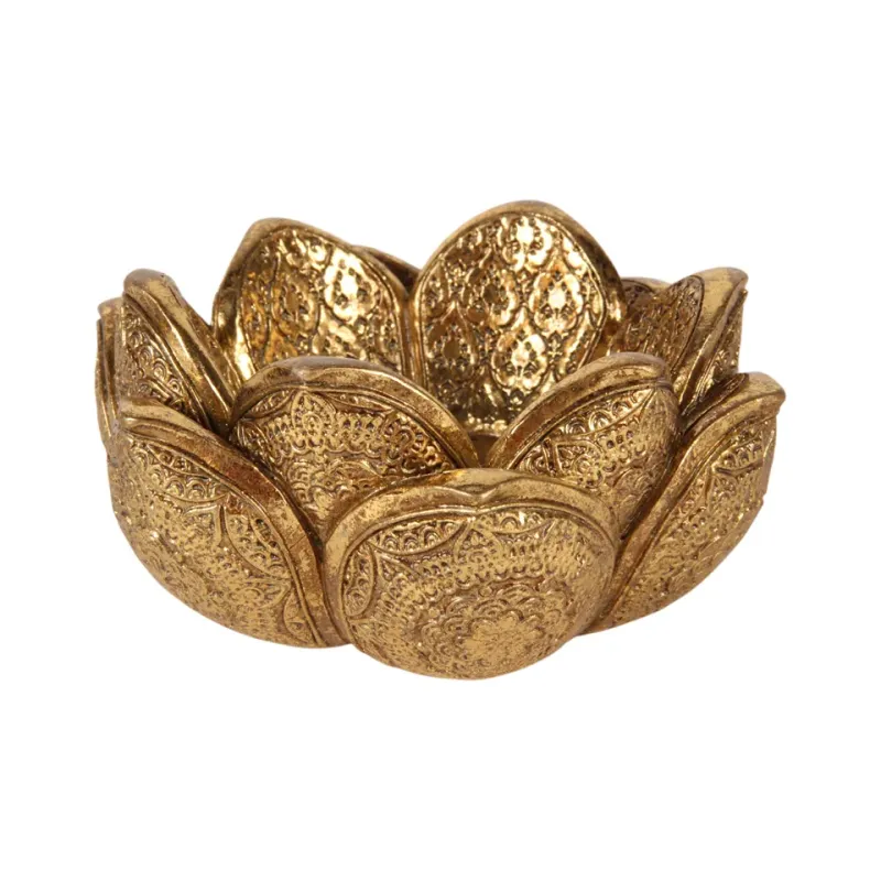 Blumenteelichthalter 12,3 cm Gold aus Kunstharz Goldener, blütenförmiger Teelichthalter aus Kunstharz mit dekorativ verzierten Blütenblättern