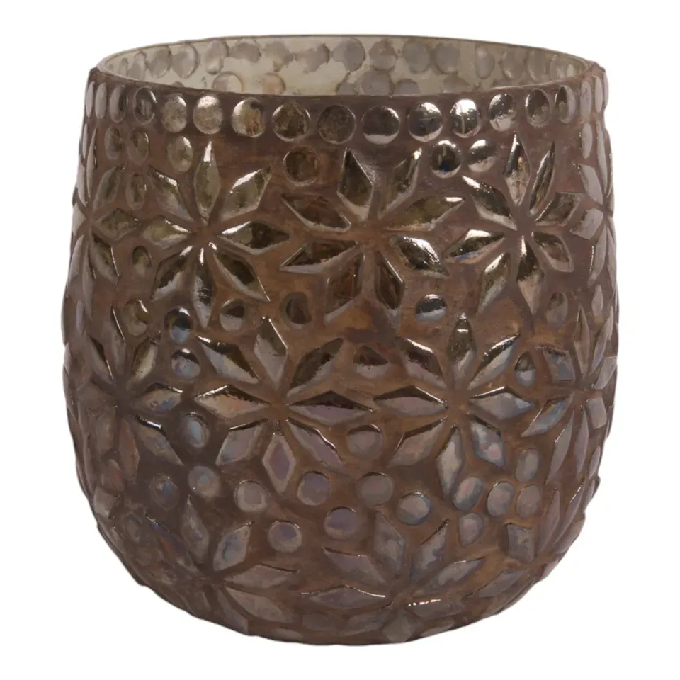 Brauner Teelichthalter aus Glas mit detailreichem Mosaikblumenmuster