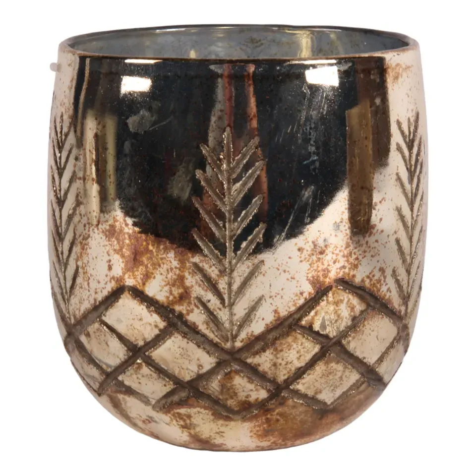 Silberner Teelichthalter aus Glas mit Blattmotiv und dekorativem Rautenmuster
