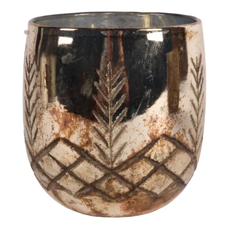 Teelichthalter 16 cm Silber aus Glas mit Blattmotiv Silberner Teelichthalter aus Glas mit Blattmotiv und dekorativem Rautenmuster