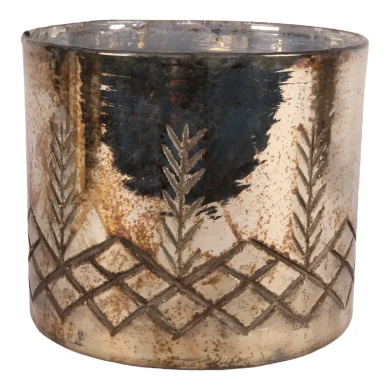Teelichthalter 18 cm Silber aus Glas mit Blattmotiv Silberner Teelichthalter 18 cm aus Glas mit Blattmotiv und Rautenmuster