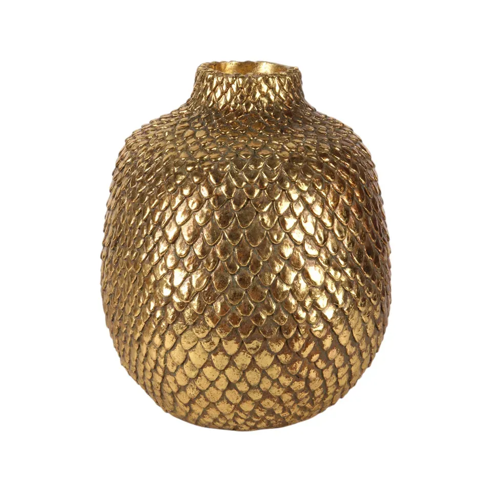 Schuppenvase 19 cm Gold aus Kunstharz für stilvolle Dekoration Goldene Schuppenvase 19 cm aus Kunstharz mit detailreichem Schuppendekor