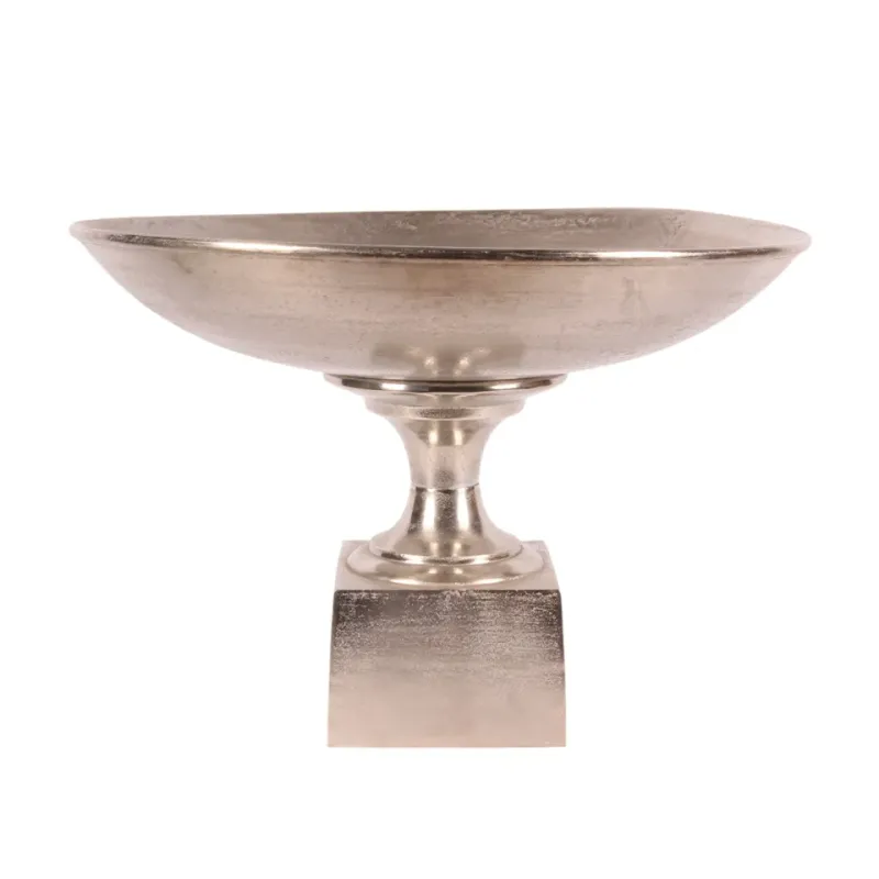Runde Schale 72 cm Silber aus Aluminium mit Standfuss Runde silberne Schale 72 cm aus Aluminium auf quadratischem Standfuss in Nickel Optik