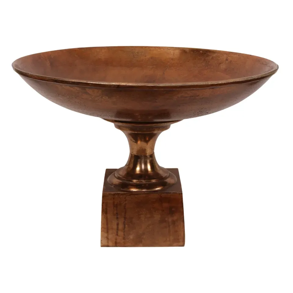 Runde Schale 72 cm Antikbronze aus Aluminium mit Sockel Runde antikbronzefarbene Schale 72 cm aus Aluminium auf quadratischem Sockel