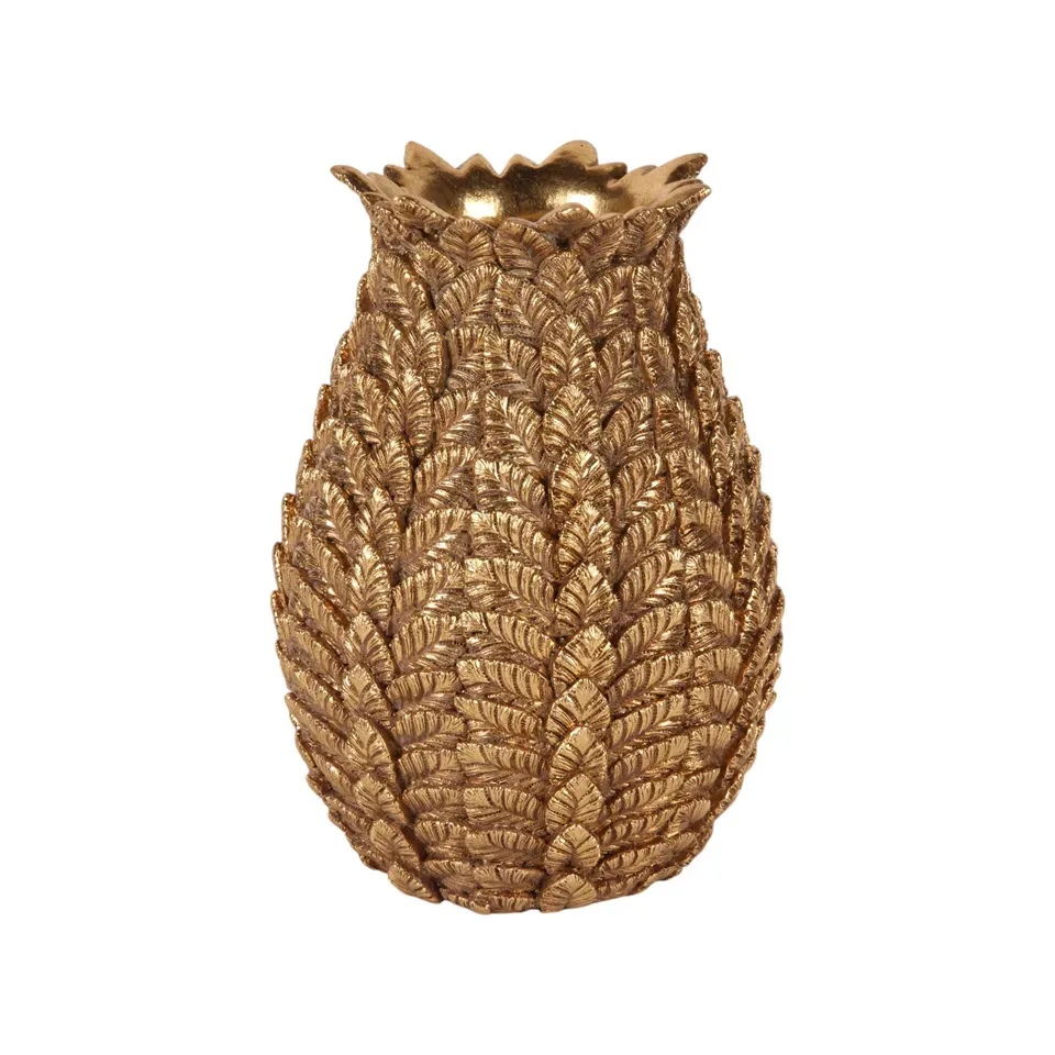 Blättervase 21 cm Gold aus Kunstharz für Trockenblumen Goldene Blättervase 21 cm aus Kunstharz mit detailreichem Blattdekor